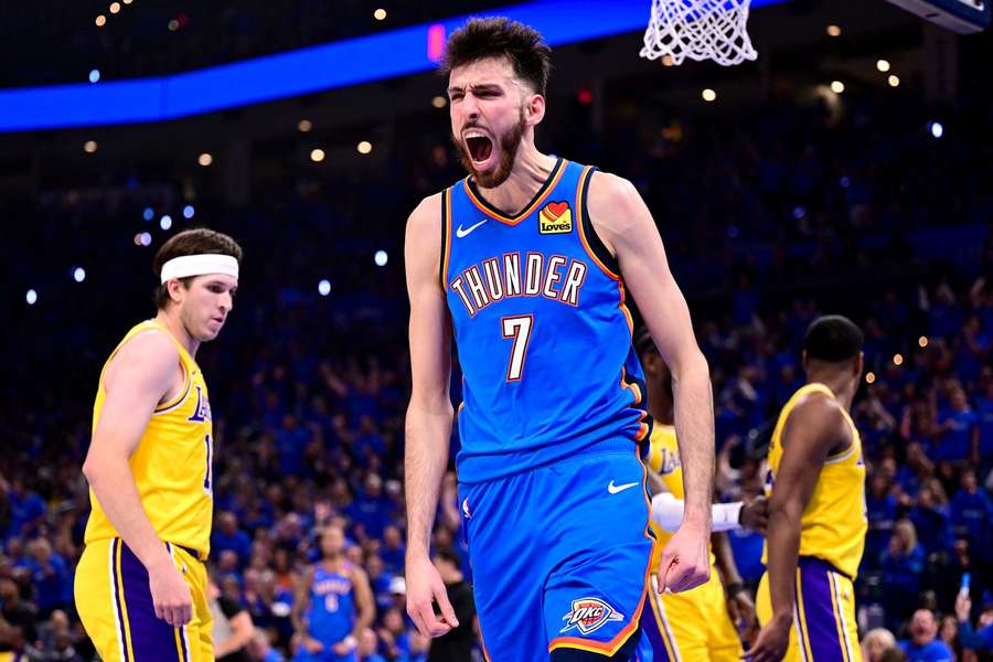 Thunder Chet Holgrem celebrates after a dunk in Game 1 against Lakers
