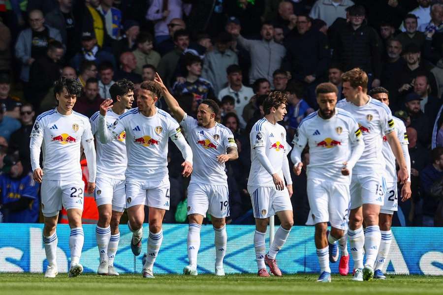 Leeds celebrate a goal against Wolves