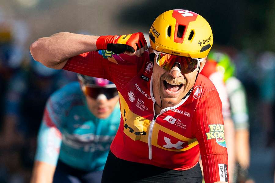 Magnus Cort Nielsen of the Uno-X Mobility team celebrates winning the second stage of the Volta Ciclista a Catalunya