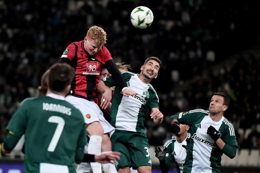 A Vikingur defender tries to clear the lines during the dramatic Conference League clash in Athens