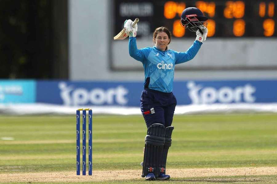 England's Tammy Beaumont celebrates reaching 150 runs during the second women's One Day International against Ireland