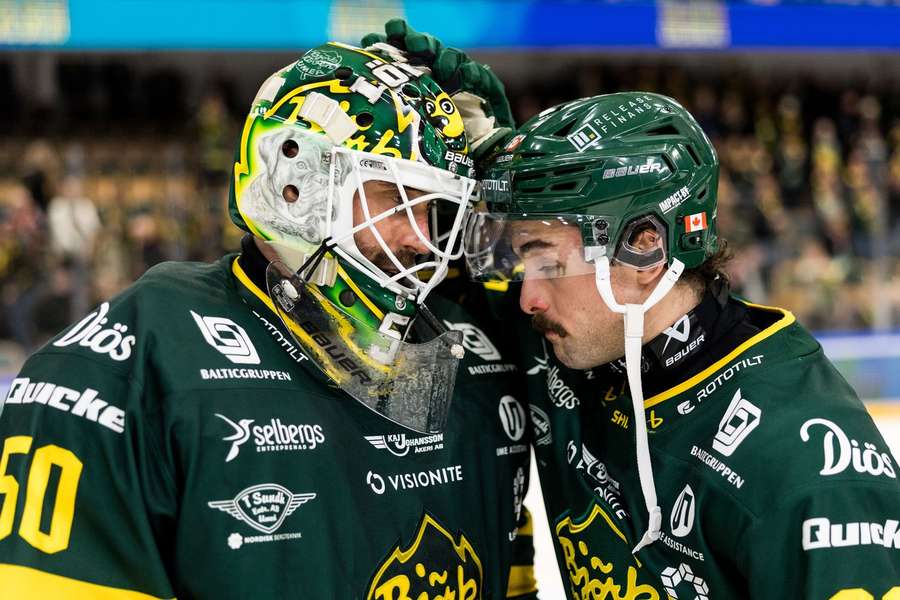 Frans Tuohimaa and Tristen Robins celebrate Bjorkloven's win over Frolunda Frans Tuohimaa and Tristen Robins celebrate Bjorkloven's win over Frolunda