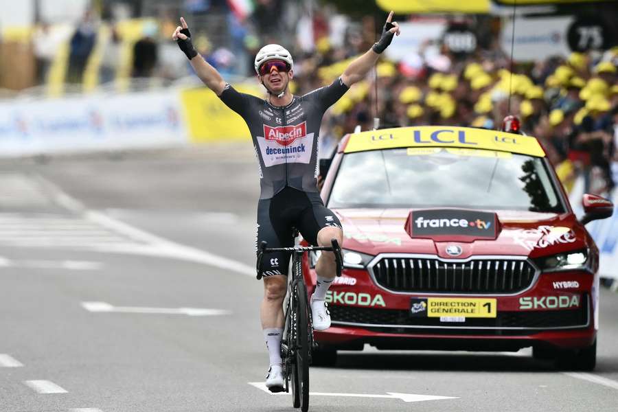 Australian rider Kaden Groves cycles to the finish line to win the 20th stage of the Tour de France