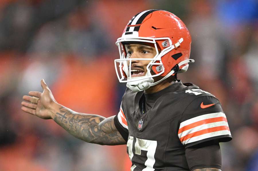 Cleveland Browns quarterback Dorian Thompson-Robinson reacting to a call
