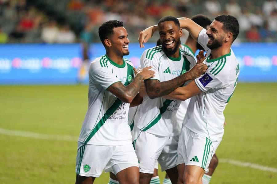 Al Ahli's Ivan Toney celebrates with teammates after scoring against AI Qadsiah