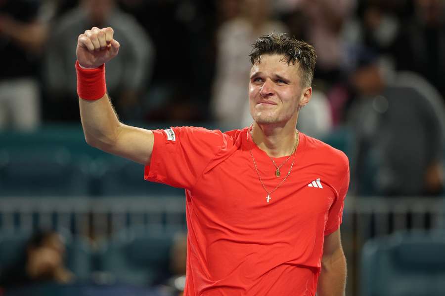 Mensik celebrating his first ever Masters 1000 title after defeating Novak Djokovic at the Miami Open
