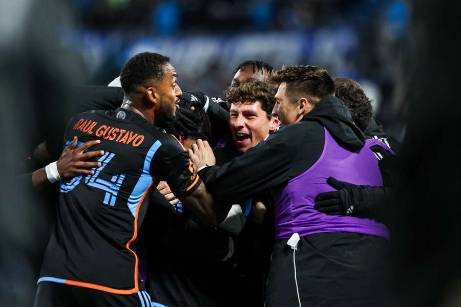 New York City celebrate their goal in their victory over Charlotte in the MLS playoffs. New York City celebrate their goal in their victory over Charlotte in the MLS playoffs.