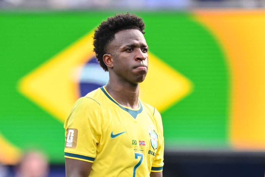 Vinicius Junior looks on during Brazil-Norway matchup in Round of 16 at 2026 World Cup Vinicius Junior looks on during Brazil-Norway matchup in Round of 16 at 2026 World Cup