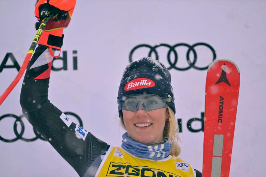 Mikaela Shiffrin of the United States celebrates on the podium after the giant slalom race in the women's alpine skiing World Cup at Mont Tremblant