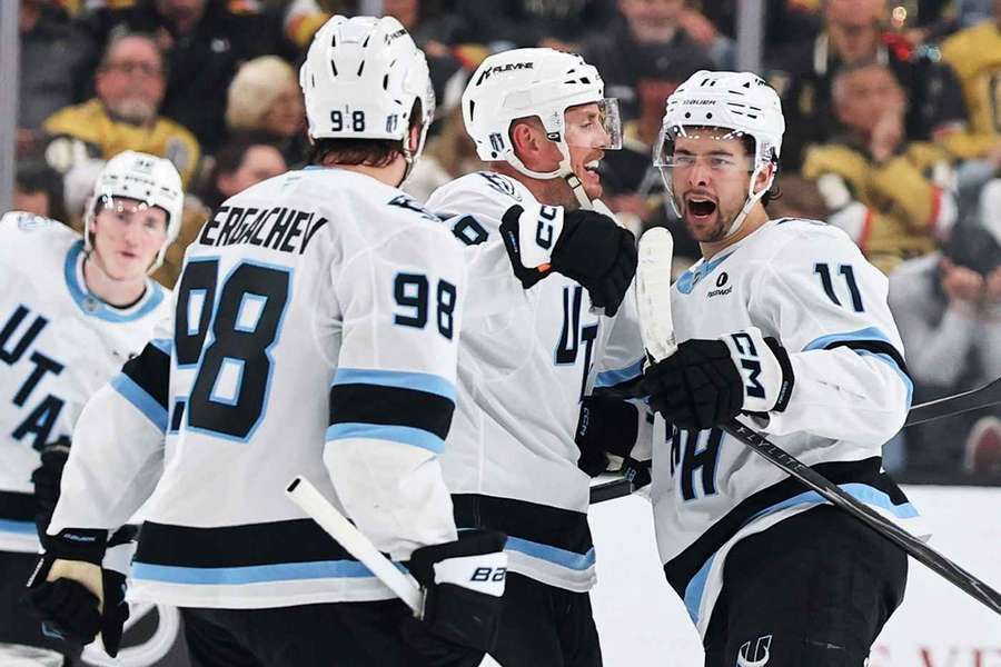 Utah Mammoth players celebrate goal in Game 2 vs Vegas Golden Knights