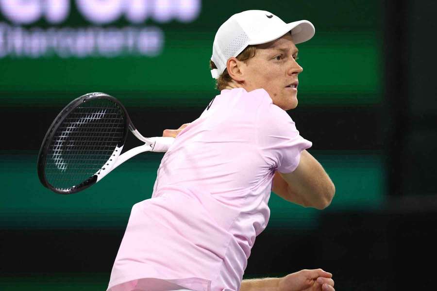 Jannick Sinner reacts with a forehand against Dalibor Svrcina at Indian Wells