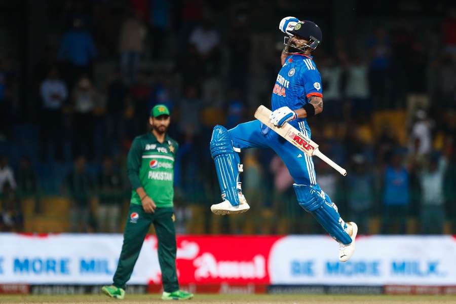 Kohli celebrates after scoring a century against Pakistan