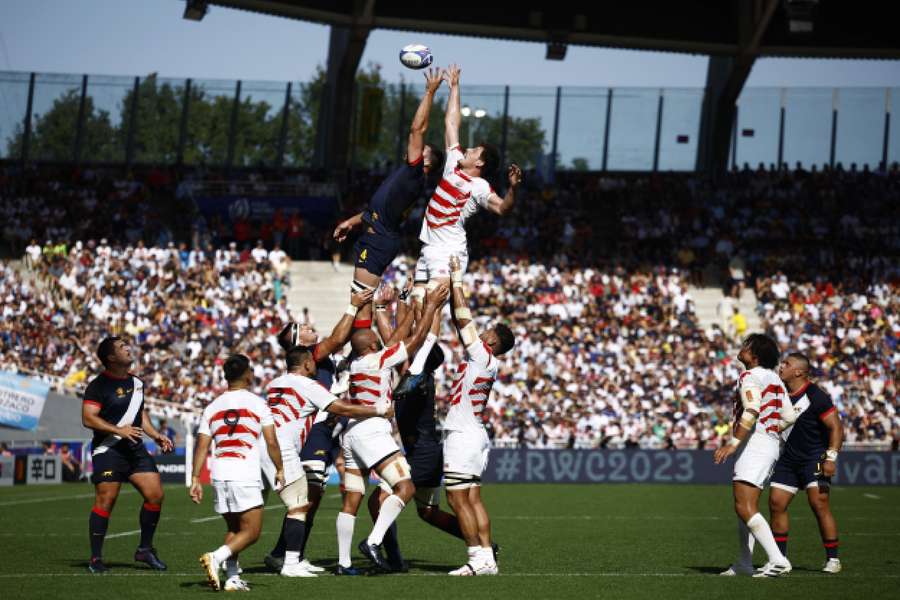 Argentina's Guido Petti Pagadizabal in action with Japan's Jack Cornelsen