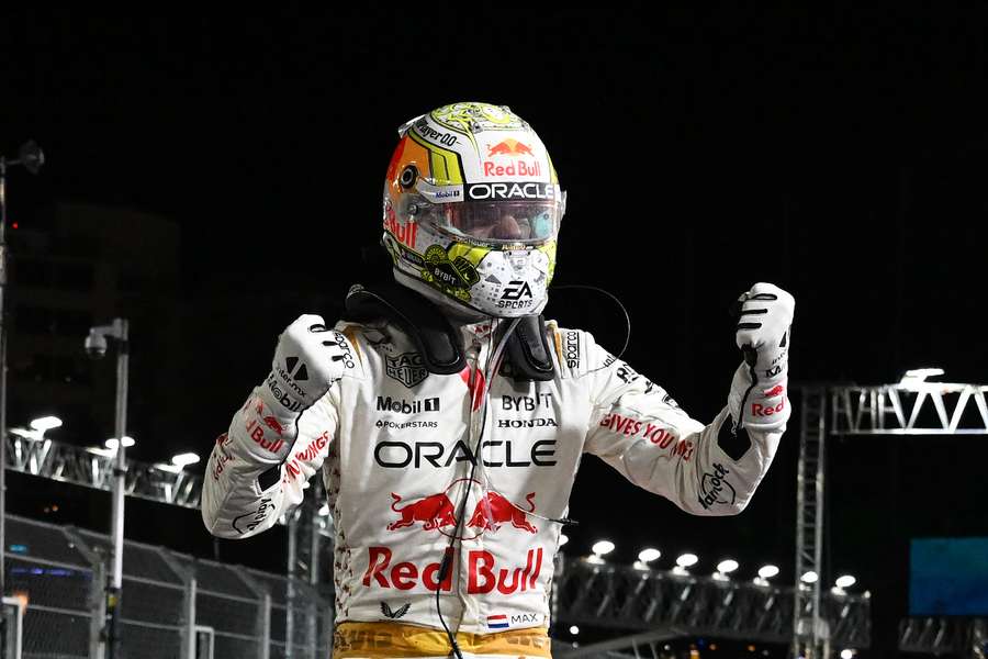 Red Bull Racing's Dutch driver Max Verstappen celebrates winning the Las Vegas Formula 1 Grand Prix on Saturday