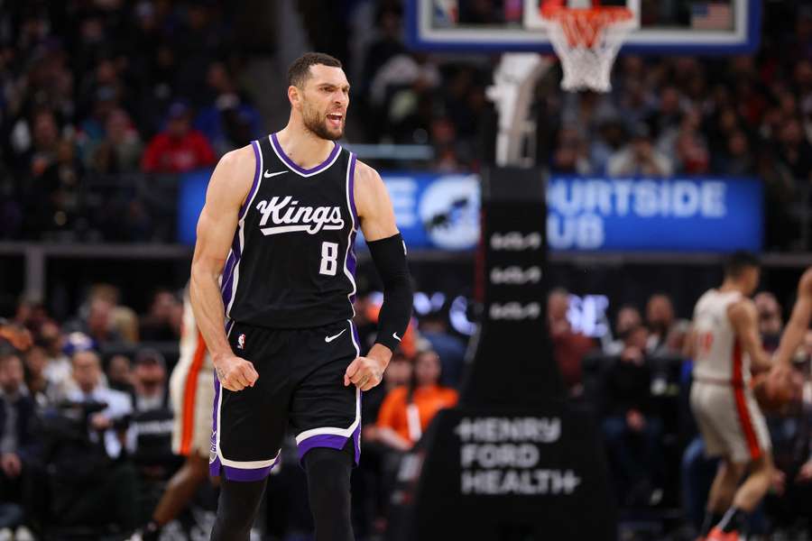 Zach LaVine of the Sacramento Kings reacts after a second-half three-point basket against the Detroit Pistons