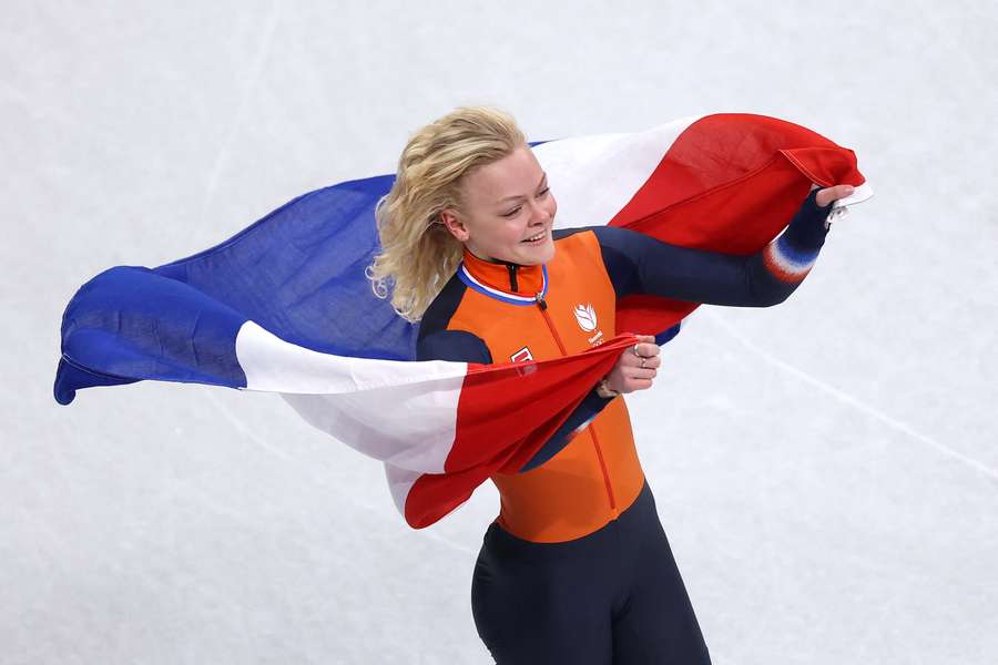 The Netherlands' Xandra Velzeboer celebrates her 500m victory
