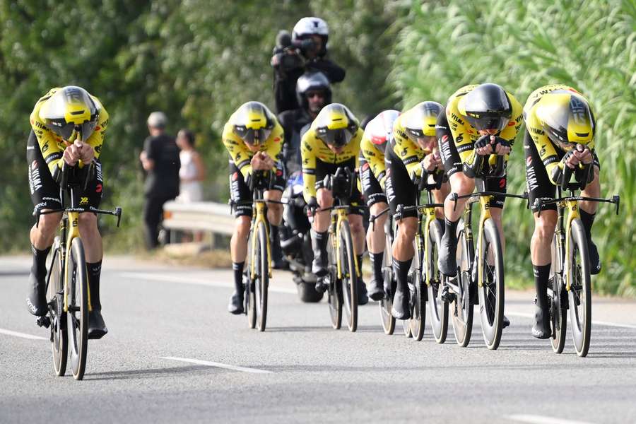 Team Visma-Lease a bike's riders compete during the fifth stage of Vuelta a Espana cycling tour, a 24.1 km time-trial 