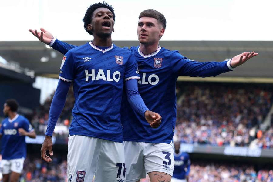 Jaden Philogene celebrates with Leif Davis after scoring Ipswich's second goal