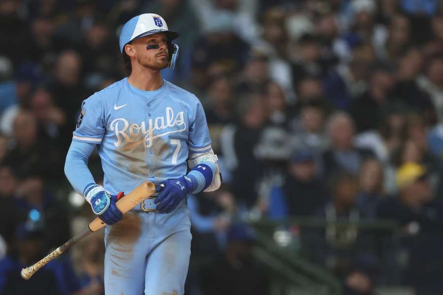 Royals star Bobby Witt Jr. walking up to bat against the Milwaukee Brewers (2025)