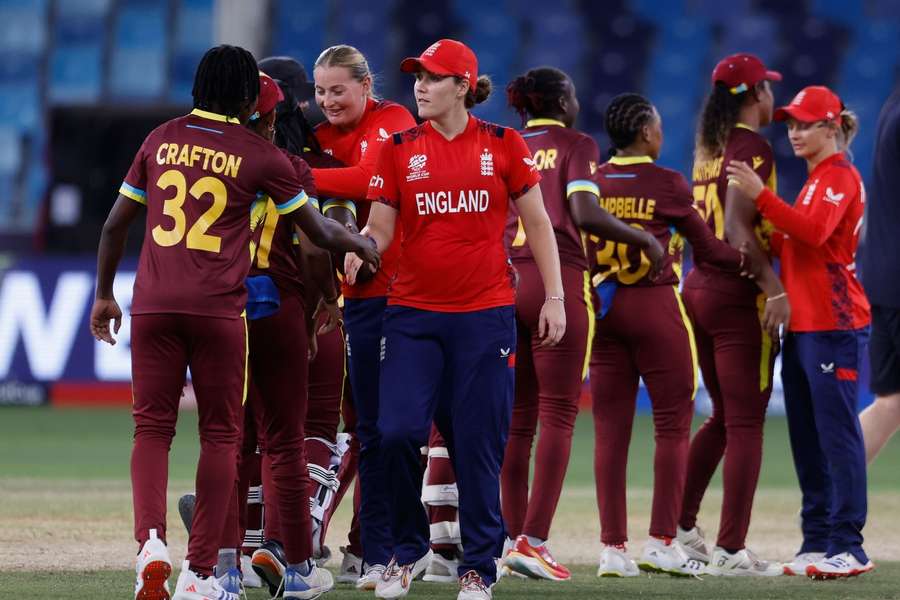 West Indies team members celebrate their team's win over England during the ICC Women's T20 World Cup