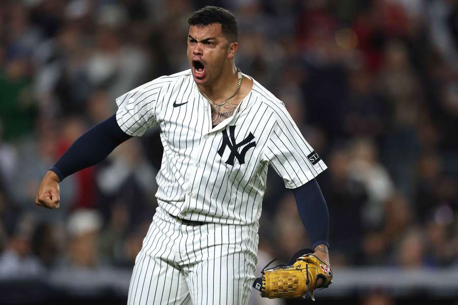 Yankees pitcher Fernando Cruz reacts after a strikeout in Game 2 of the American League Wild Card Series