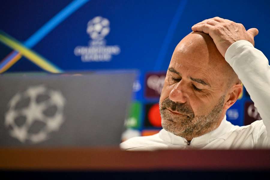 PSV Eindhoven coach Peter Bosz reacts during a press conference at the Emirates Stadium in London on Tuesday