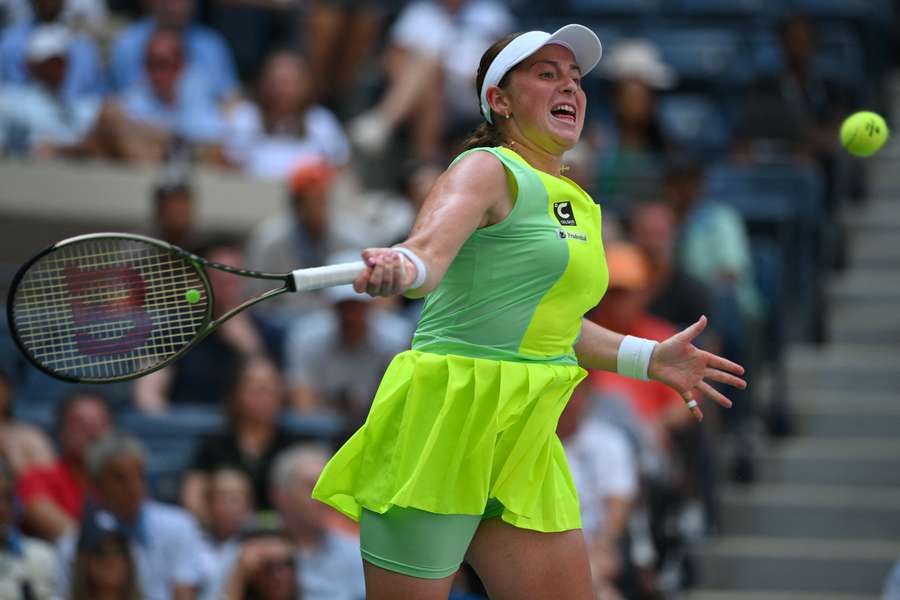 Latvia's Jelena Ostapenko hits a return to USA's Coco Gauff during the US Open tennis tournament 