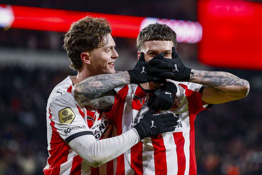 PSV's Dennis Man (R) celebrates scoring the 5-1 with Paul Wanner PSV's Dennis Man (R) celebrates scoring the 5-1 with Paul Wanner