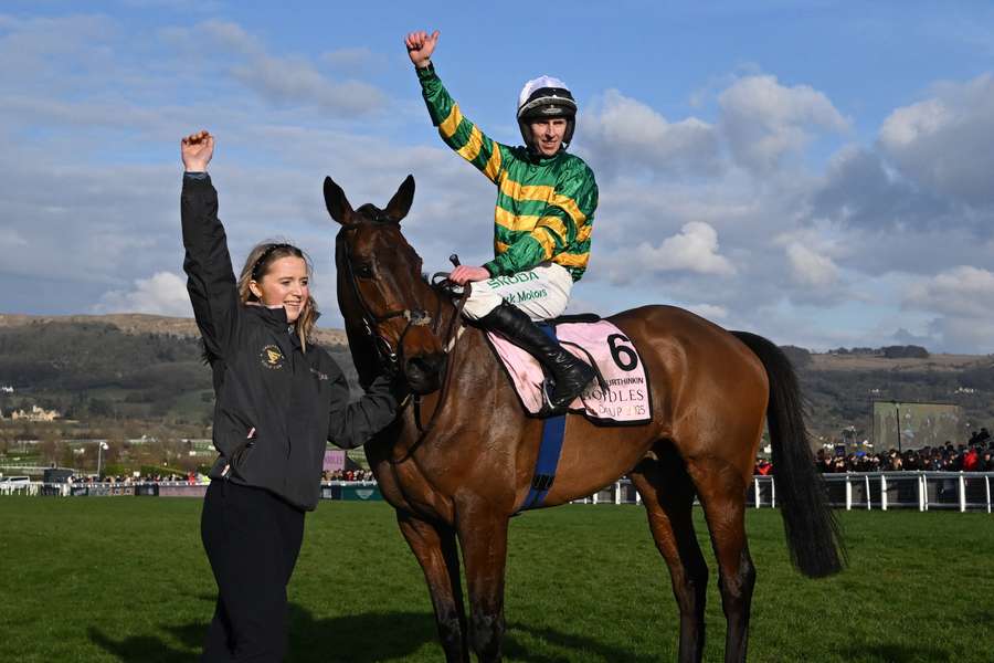 Jockey Mark Walsh celebrates on Inothewayurthinkin after winning the Cheltenham Gold Cup