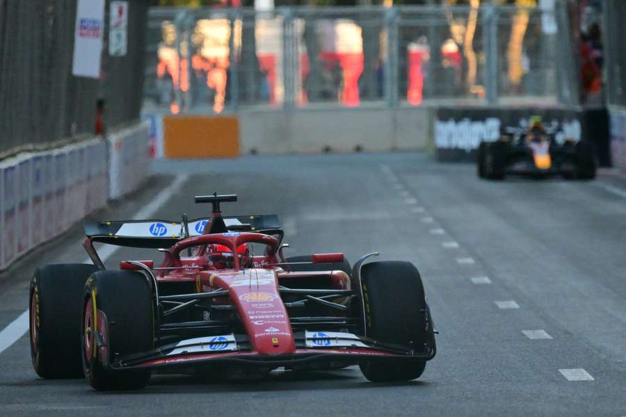 Ferrari's Charles Leclerc steers his car during the second practice session