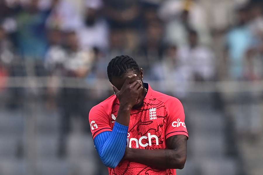 England's Jofra Archer reacts