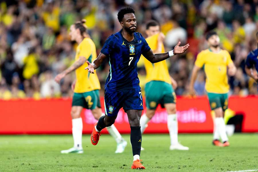 Vinícius Jr comemora gol contra a Austrália. Vinícius Jr comemora gol contra a Austrália.