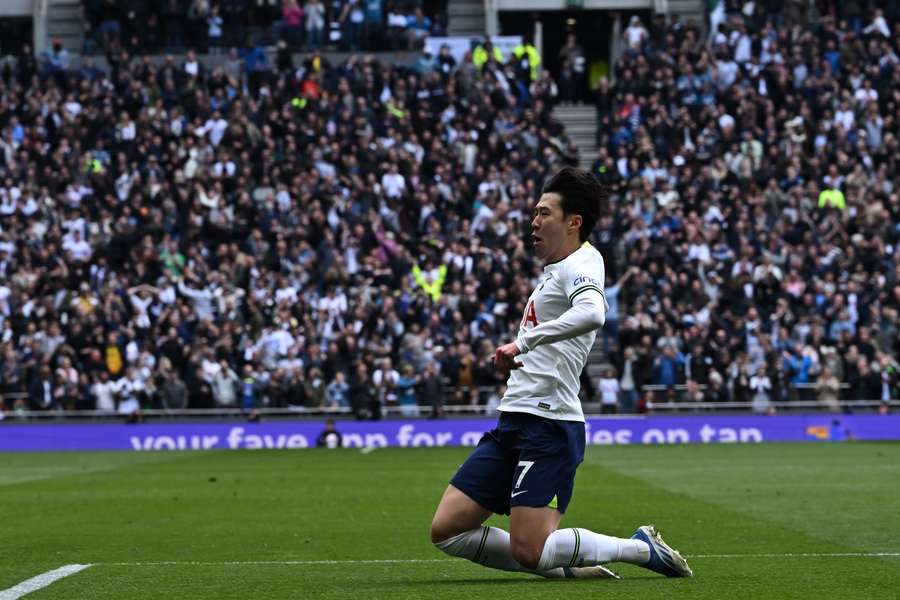 Tottenham Hotspur's South Korean striker Son Heung-Min celebrates after scoring his 100th Premier League goal