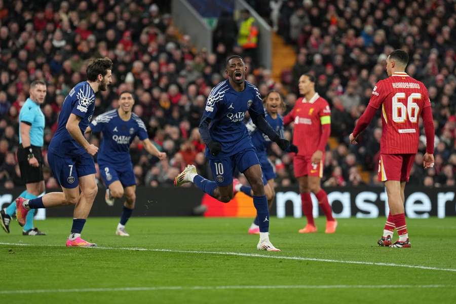 PSG's Ousmane Dembele celebrates after scoring during the Champions League Round of 16 second leg match against Liverpool 