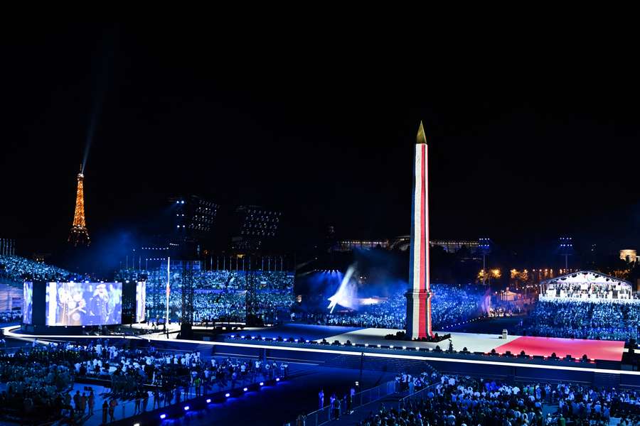 The Obelisque de Louxor (Luxor Obelisk) bears the colours of the flag of France during the Paris 2024 Paralympic Games Opening Ceremony