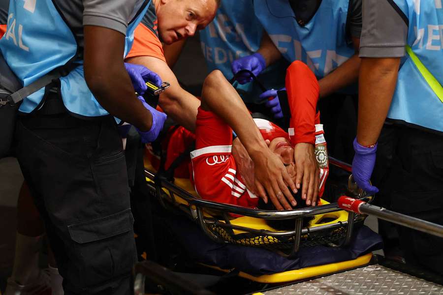Bayern Munich's Jamal Musiala is stretchered off