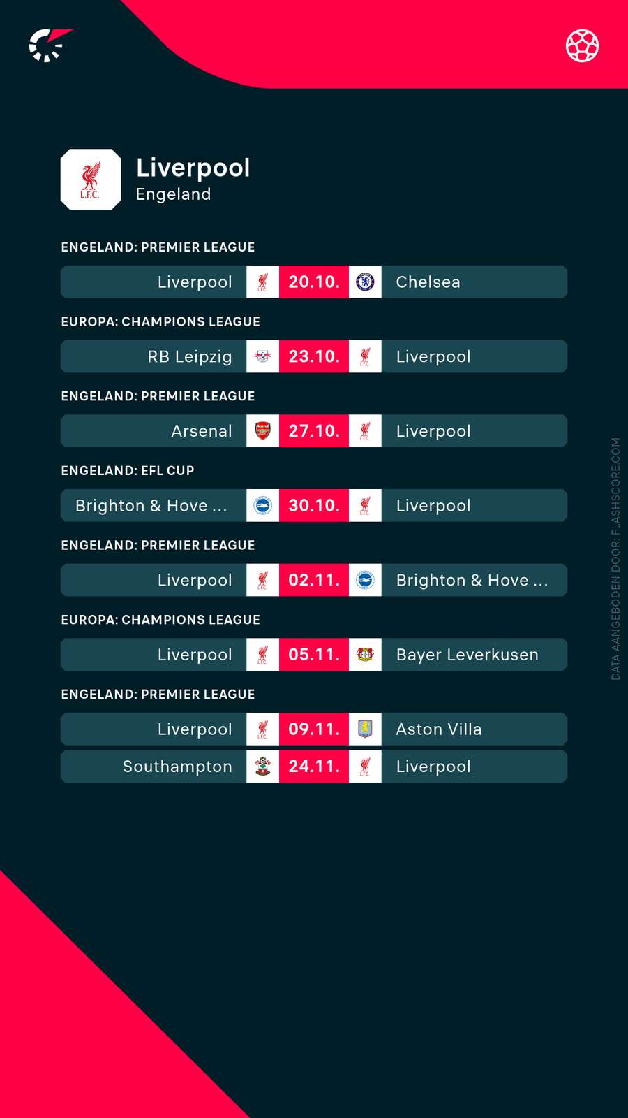 Het aankomende programma voor Liverpool.