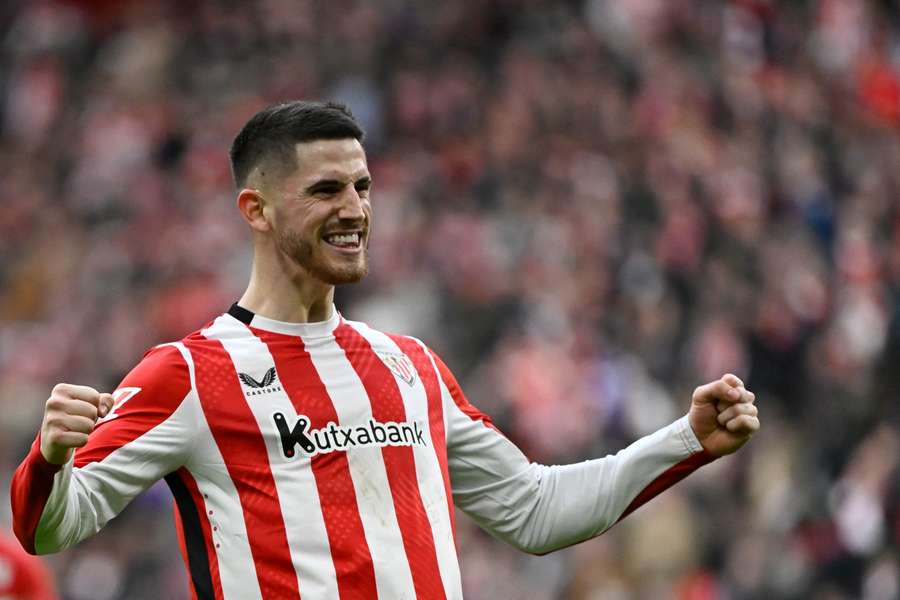 Athletic Club's Oihan Sancet celebrates scoring his team's second goal against Girona Athletic Club's Oihan Sancet celebrates scoring his team's second goal against Girona