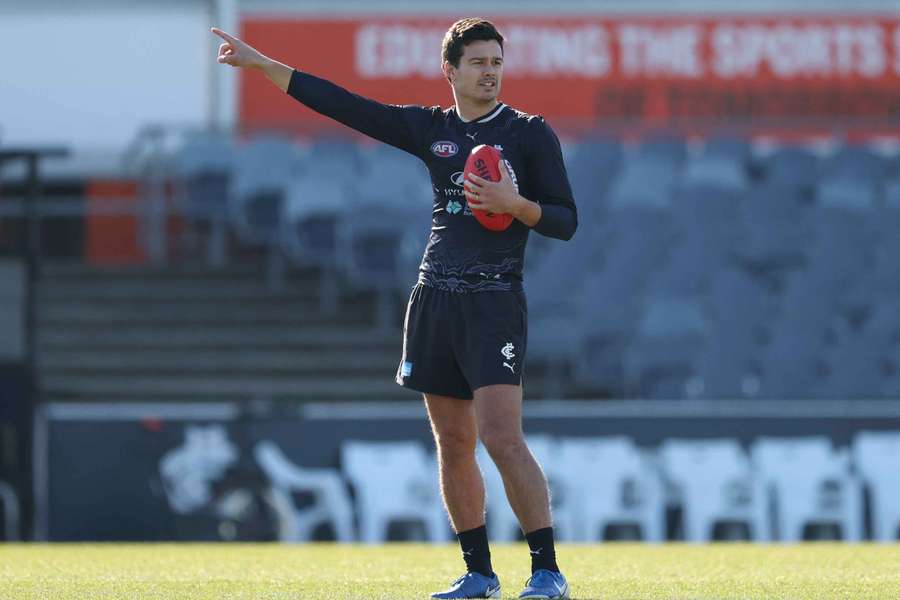 Jack Silvagni gestures during a Carlton training session at Ikon Park.