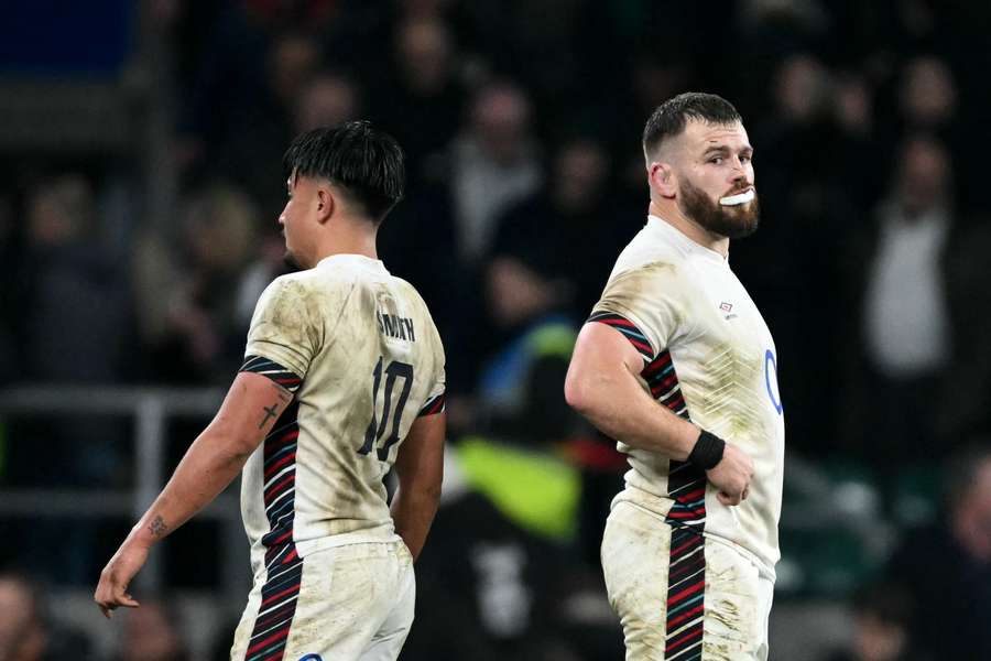 Marcus Smith and Luke Cowan-Dickie react after England's defeat to South Africa on Saturday