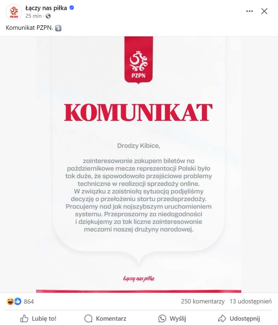 Komunikat PZPN w odpowiedzi na awarię systemu