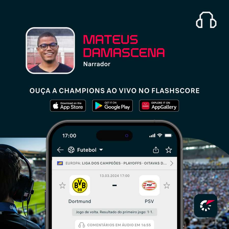 Borussia Dortmund e PSV terá narração ao vivo do Flashscore