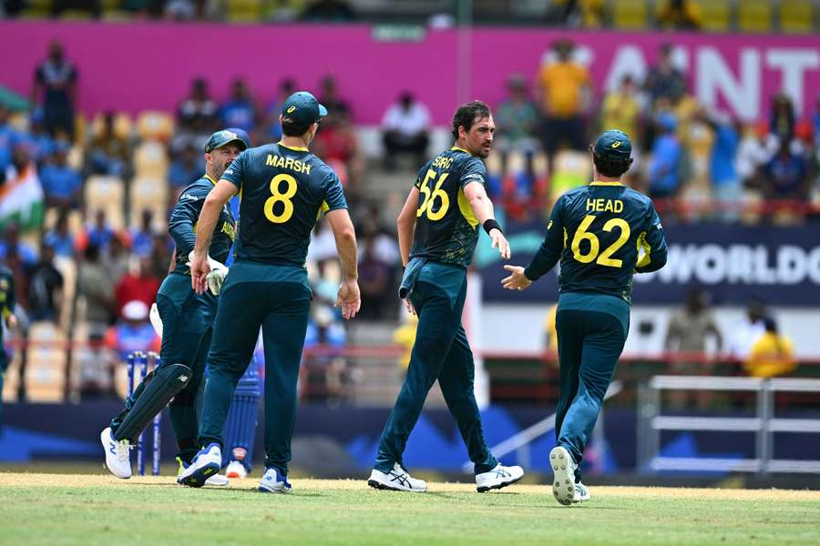 Mitchell Starc celebrates the wicket of Suryakumar Yadav taken at the 2024 T20 World Cup final.