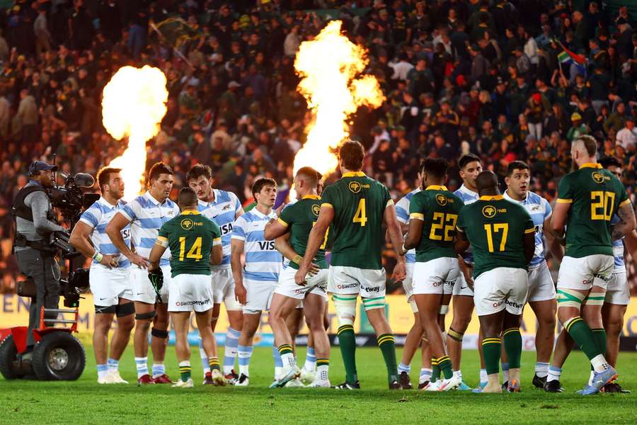 South Africa and Argentina meet after the game at Ellis Park