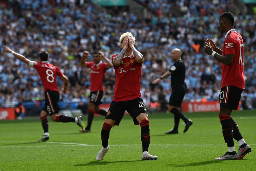 Manchester United midfielder Alejandro Garnacho reacts after missing a chance