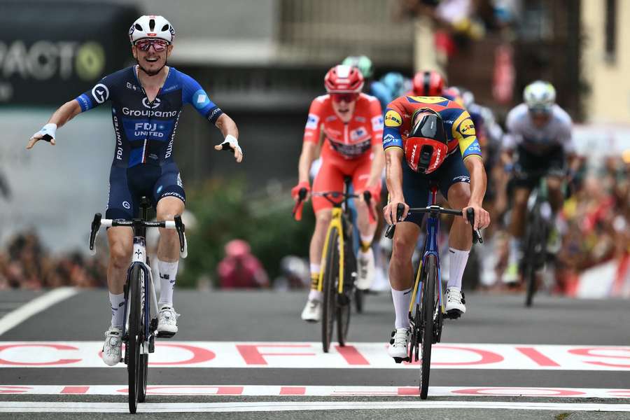 Team Groupama-FDJ's David Gaudu (L) crosses the finish line ahead of Team Lidl-Trek's Mads Pedersen Team Groupama-FDJ's David Gaudu (L) crosses the finish line ahead of Team Lidl-Trek's Mads Pedersen