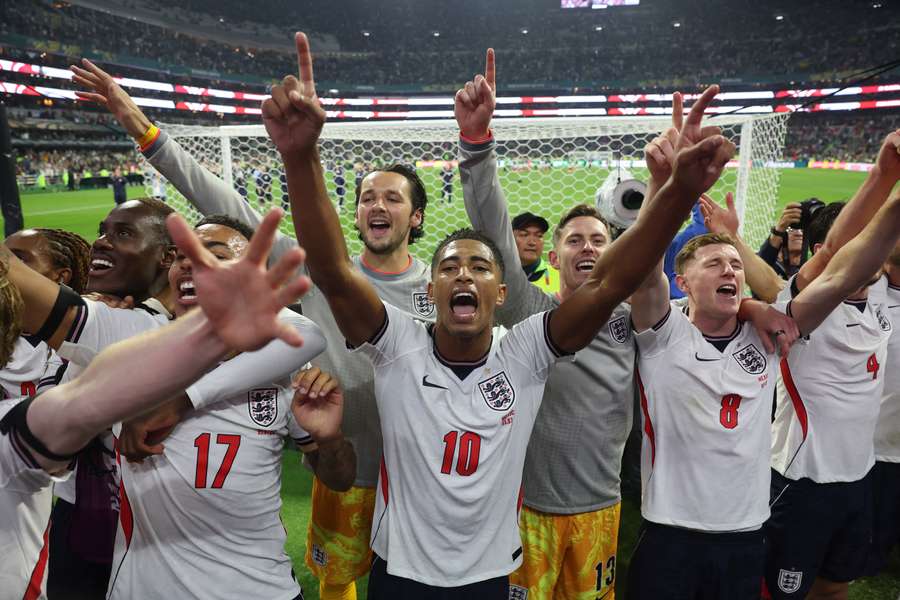 England players celebrate beating Mexico in the World Cup last 16. England players celebrate beating Mexico in the World Cup last 16.