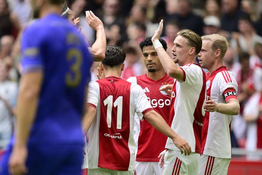 Ajax celebrate Kenneth Taylor's opener against Monaco