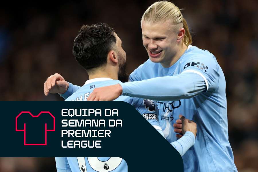 Erling Haaland, do Manchester City, celebra com Rayan Cherki
