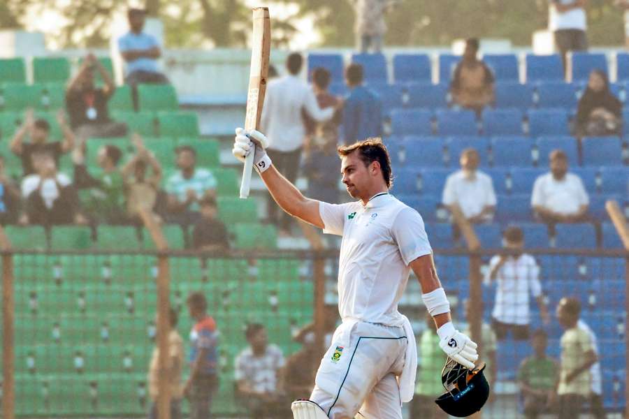 South Africa's Tristan Stubbs celebrates after scoring a century on the first day of the second Test